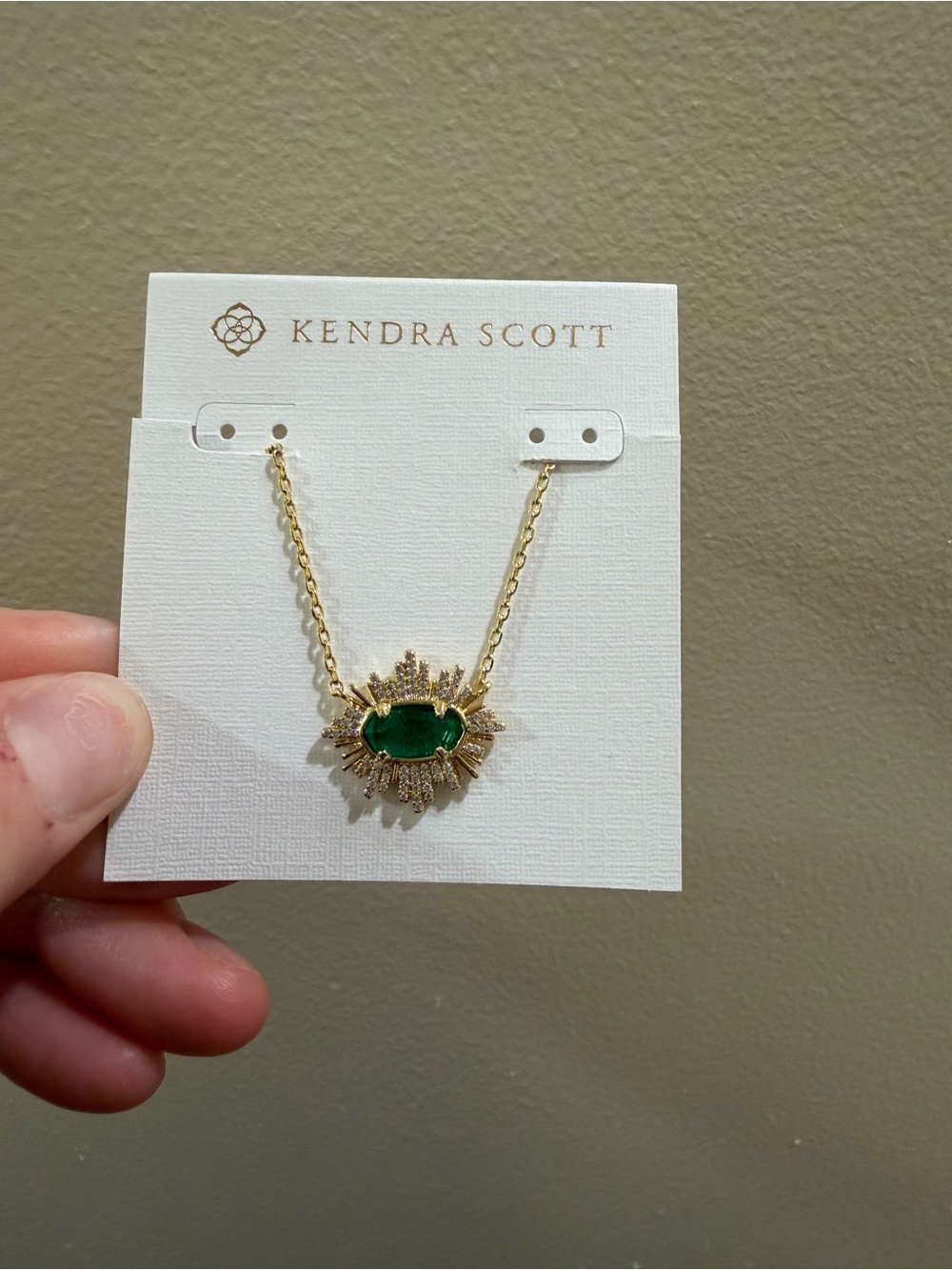 Kendra Scott Gold Sunburst Necklace with Green Stone Pendant